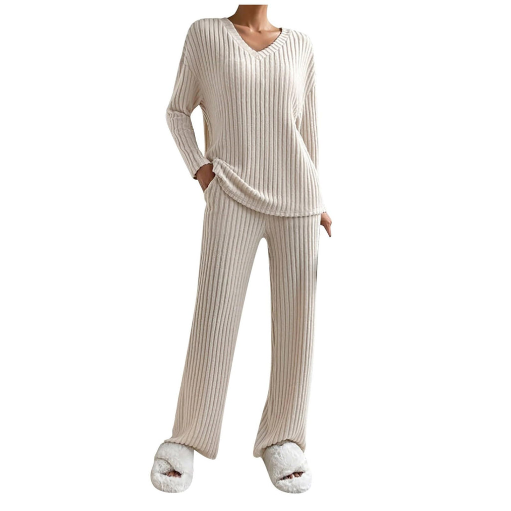 Lounge Wear Sets For Women Uk, Womens Pyjamas Set Long, Ladies Ribbed Loungewear Knit Outfits Womens Tracksuits 2 Piece Set V Neck Casual Casual Homewear