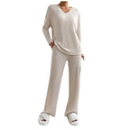 Lounge Wear Sets For Women Uk, Womens Pyjamas Set Long, Ladies Ribbed Loungewear Knit Outfits Womens Tracksuits 2 Piece Set V Neck Casual Casual Homewear