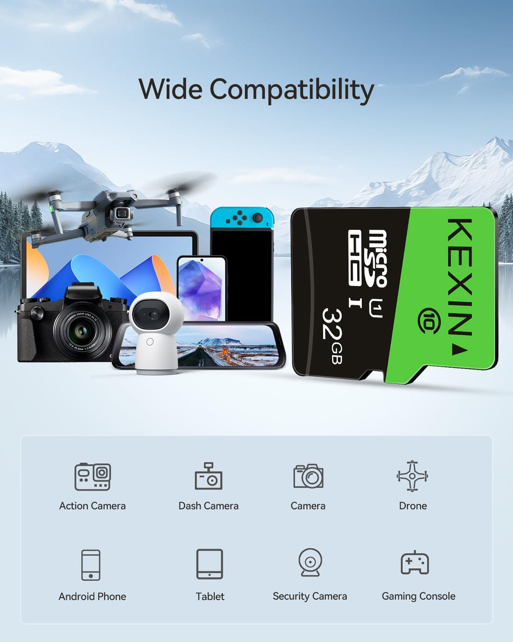 KEXIN Micro SD Card 64GB, MicroSDXC Memory Card UHS-3 Up to 85MB/s Read 30MB/s Write, Class 10 C10 U3 TF Card for Camera, Smartphone, Security System, Drone, Tablet (Black Green)