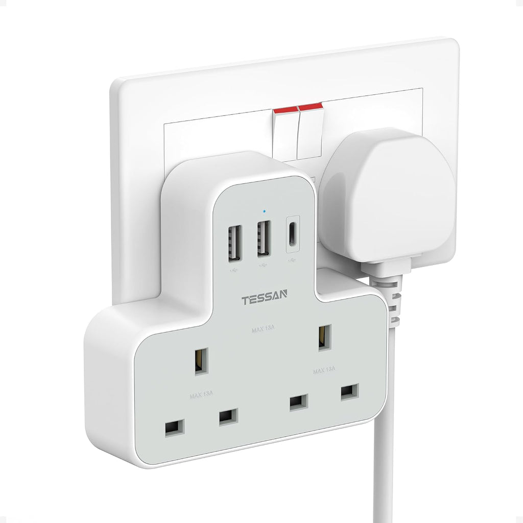 TESSAN Plug Adapter with 3 USB Ports, 2 Way MultiPlug Extension