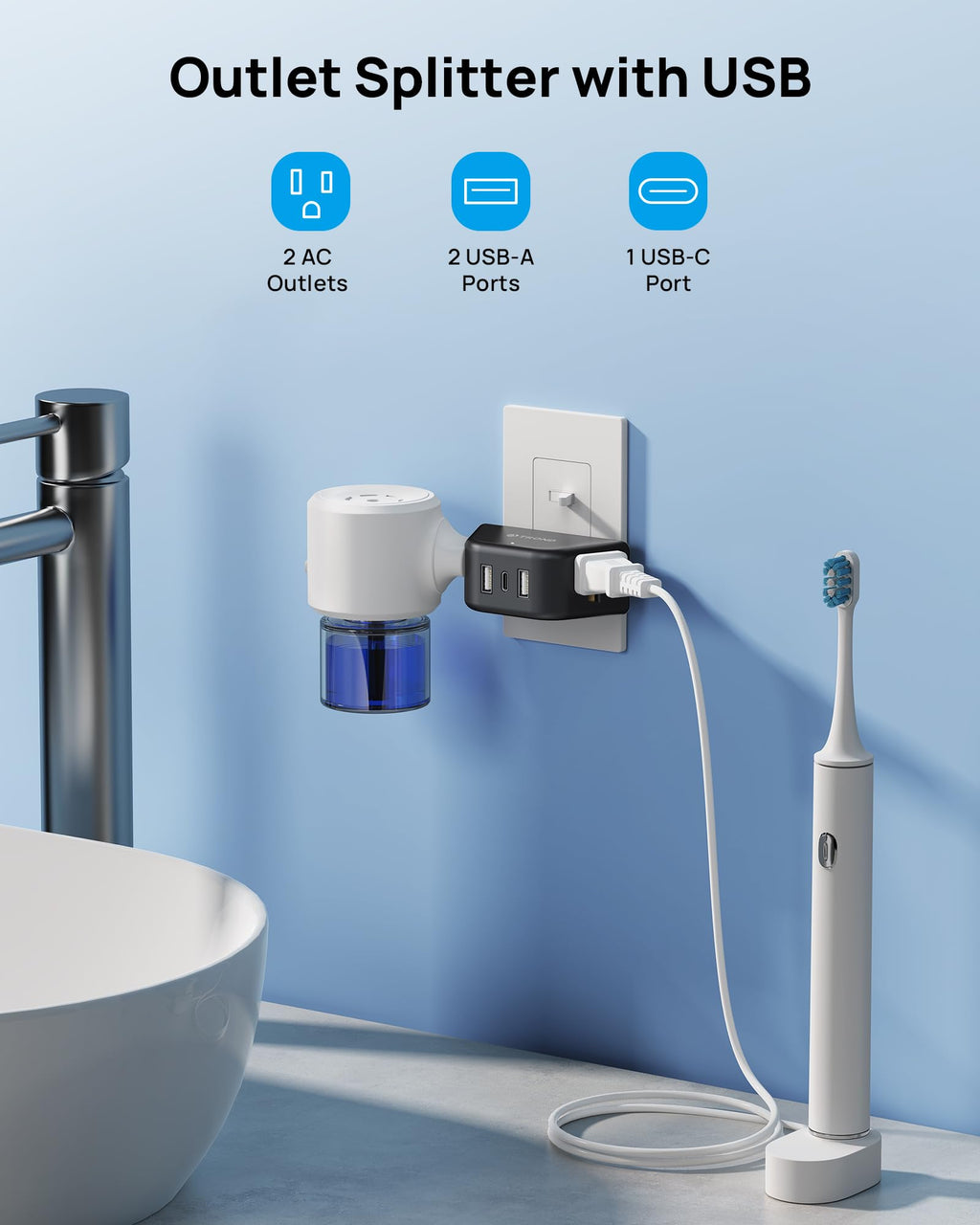 TROND Multi Plug Outlet Extender with USB, 2 Pack Plug Splitter