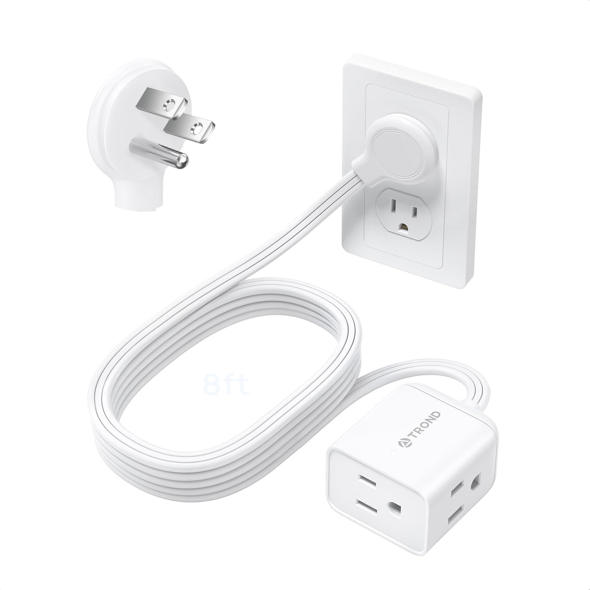 TROND Rightward Flat Plug Extension Cord 6ft for Small Tight Spaces, White