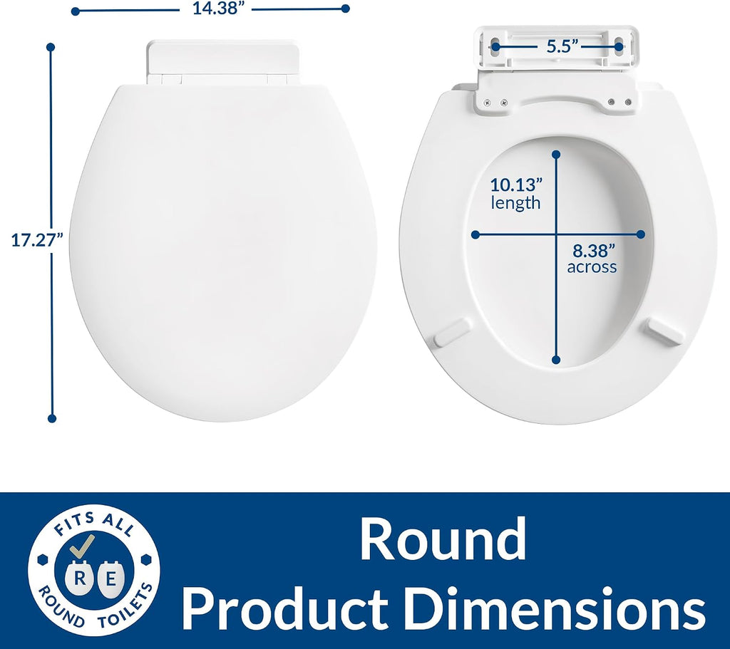 Mayfair Linden Slow Close Toilet Seat, Non Slip Heavy Duty Wood, Easy Install, Elongated, White