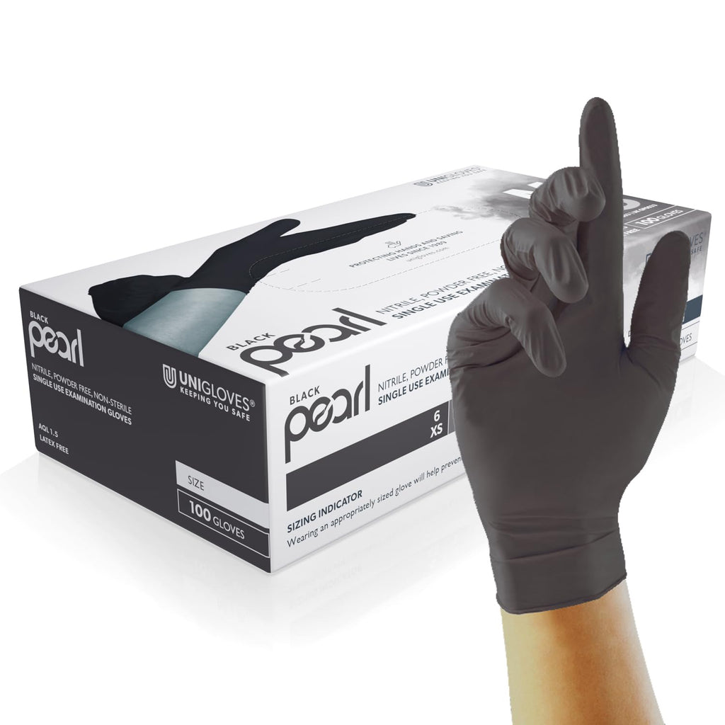 UNIGLOVES Black Pearl Nitrile Examination Gloves - Multipurpose, Powder Free and Latex Free Disposable Gloves - Box of 100 Gloves, Black, Large (GP0034)