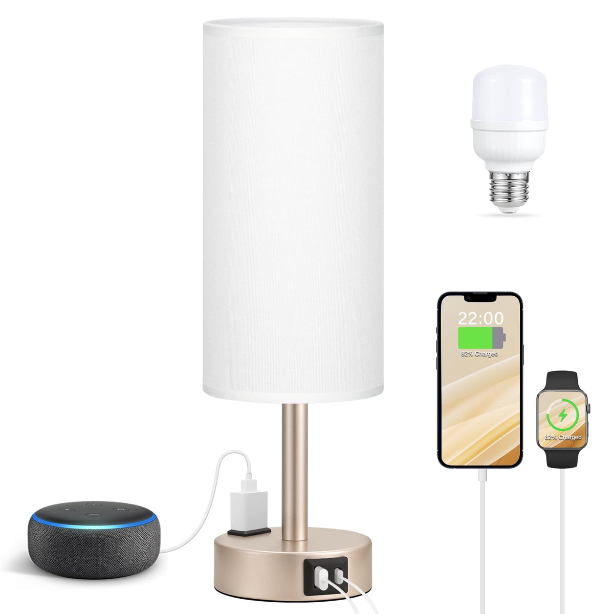 Fenmzee Bedside Table Lamp Set of 2 - Dimmable Touch, USB A+C, AC Outlet
