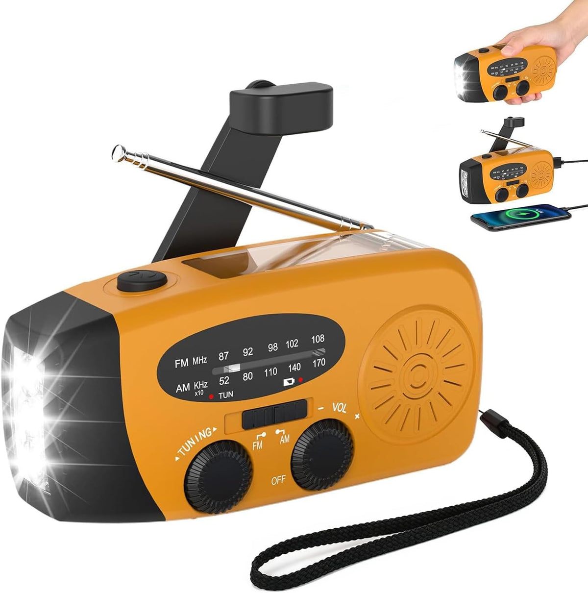 2000mAh Wind Up Solar Hand Crank Emergency Radio | AM/FM Weather Band Radio with LED Torch, SOS Alert & USB Phone Charger for Outdoor Camping Hiking (Orange)