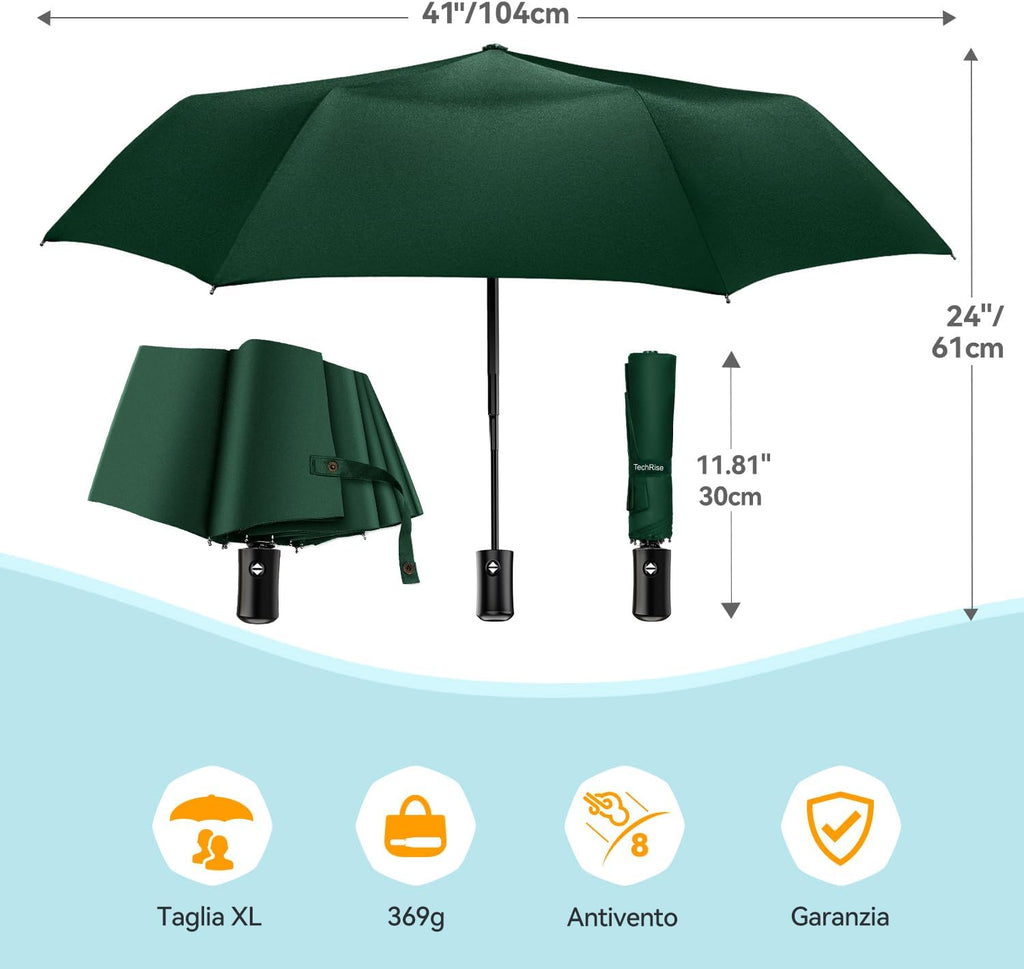 TechRise Umbrella, Compact Strong Windproof Automatic Umbrellas, Folding Lightweight, Portable Travel Golf Umbrella for Rain