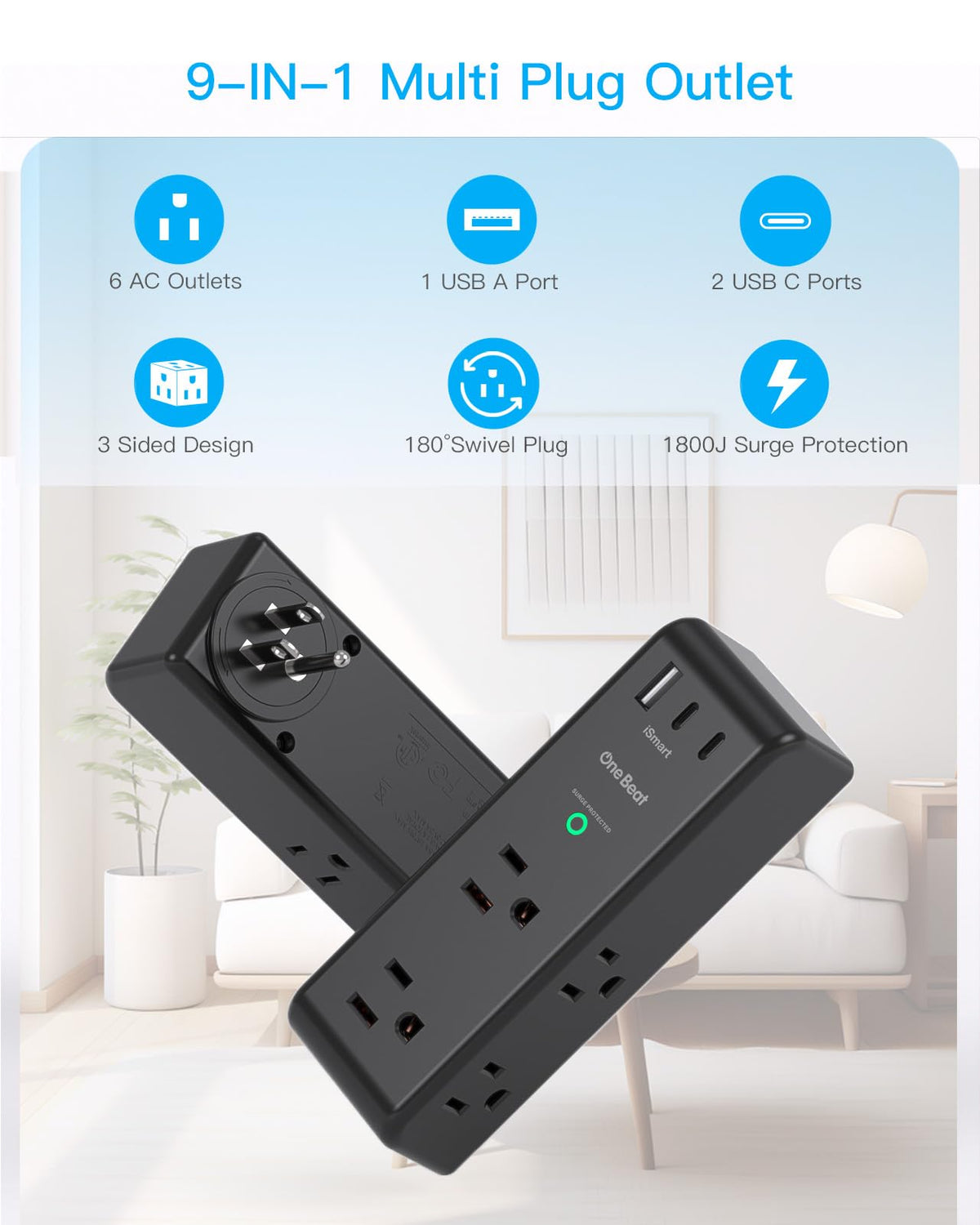 Surge Protector Outlet Extender with Rotating Plug, Multi Plug Wall Outlet