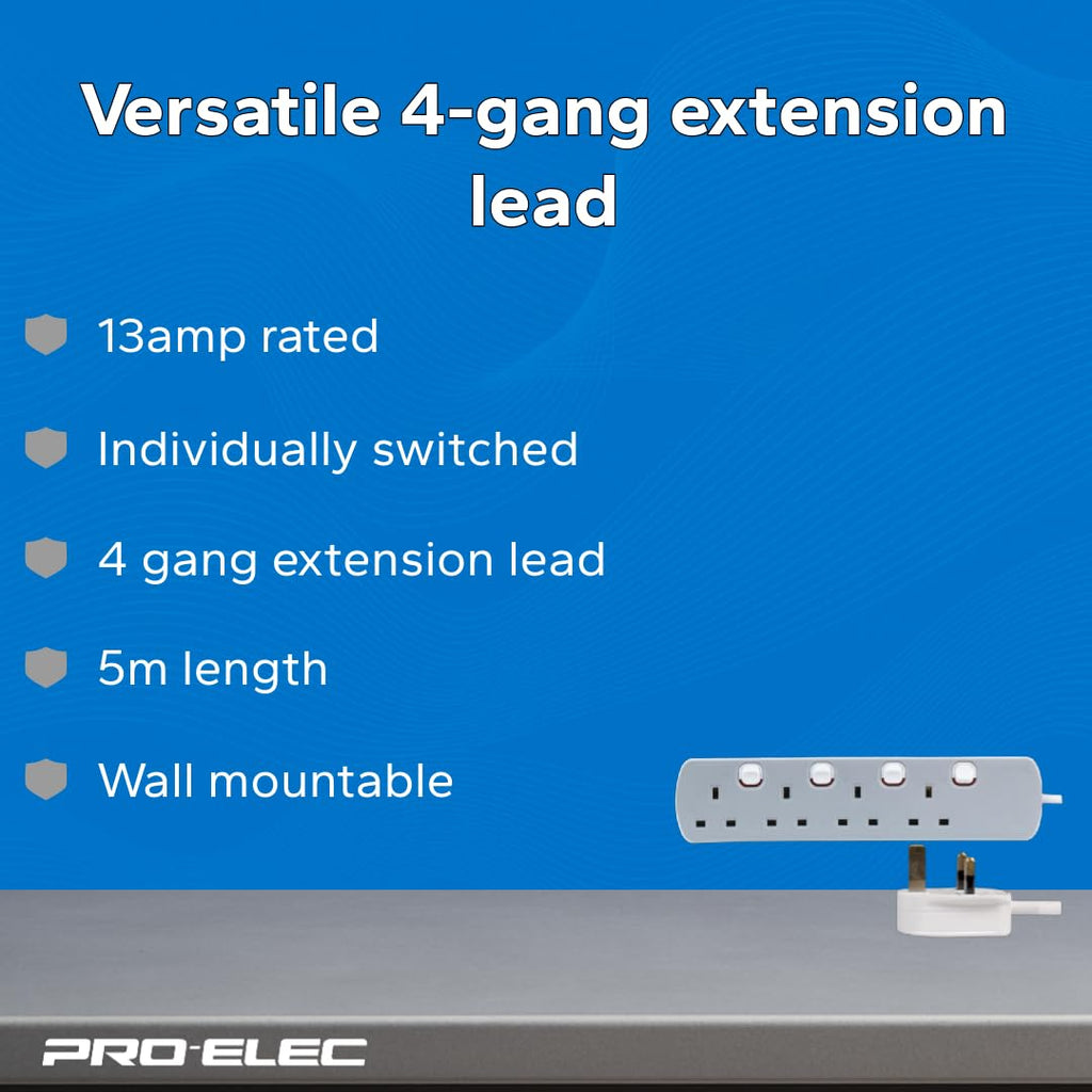 PRO ELEC PELB1768 4 Gang Individually Switched Extension Lead 10m, Grey, 4 Socket