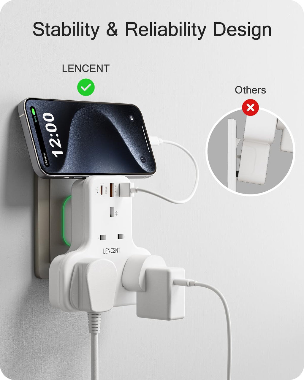 LENCENT Plug Extension Socket, 3 Way Multi Plug Socket with 3 USB Ports