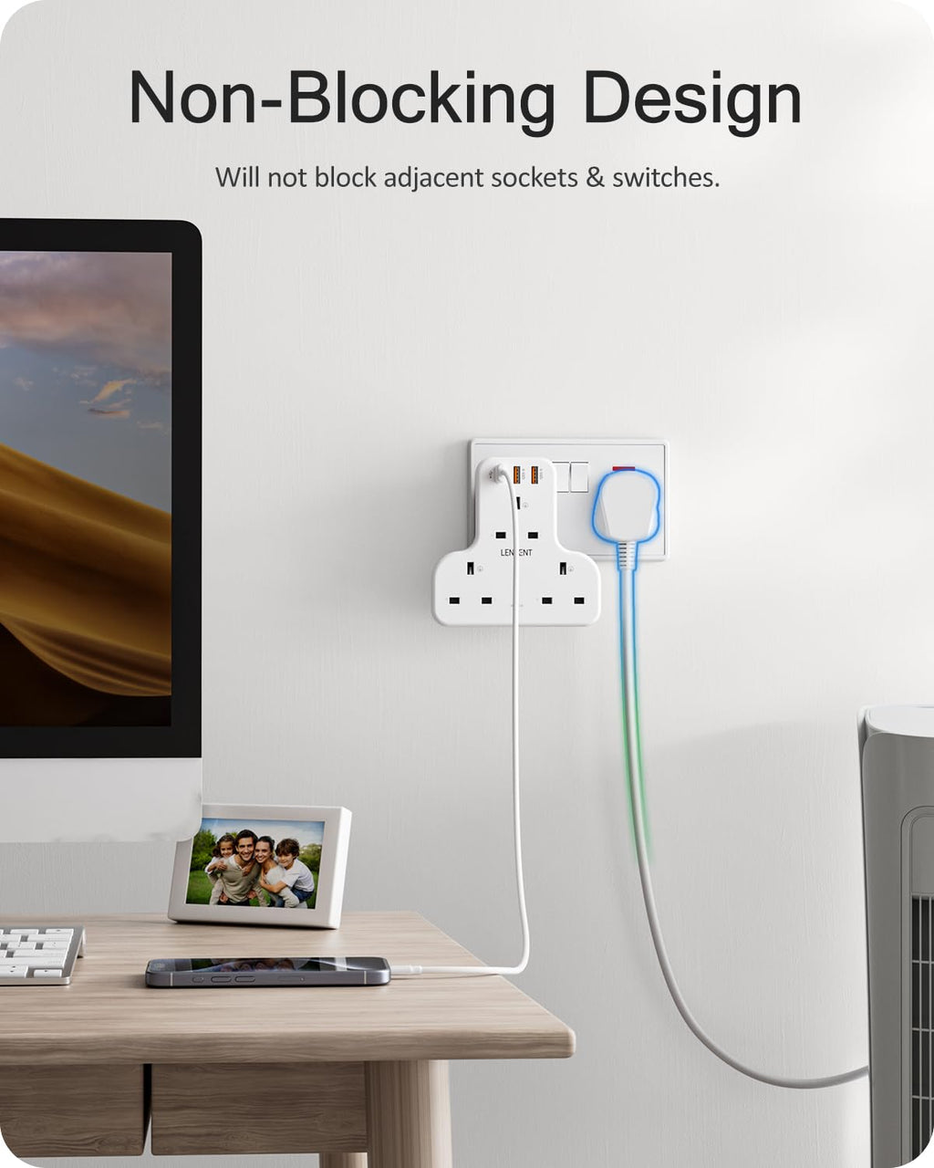 LENCENT Plug Extension Socket, 3 Way Multi Plug Socket with 3 USB Ports