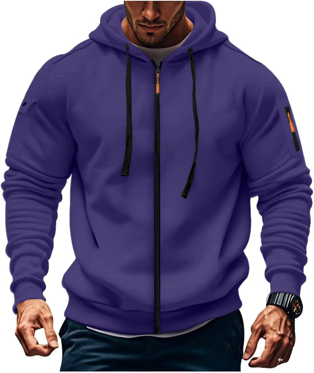 Mens Hoodie Long Sleeve Pullover Zipped with Drawstring Hood and Pocket Cuffed Shirts Hoody Fleece Slim Fit Casual Winter Oversized Hooded Sweatshirts Jacket Streetwear