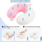 WENGX Travel Neck Pillow With Storage Bag Memory Foam Head Support Flight Pillows Cushion for Airplane Train Car Office Travel Essential for a Long Hauls Sleeping Rest(Pale Pink)