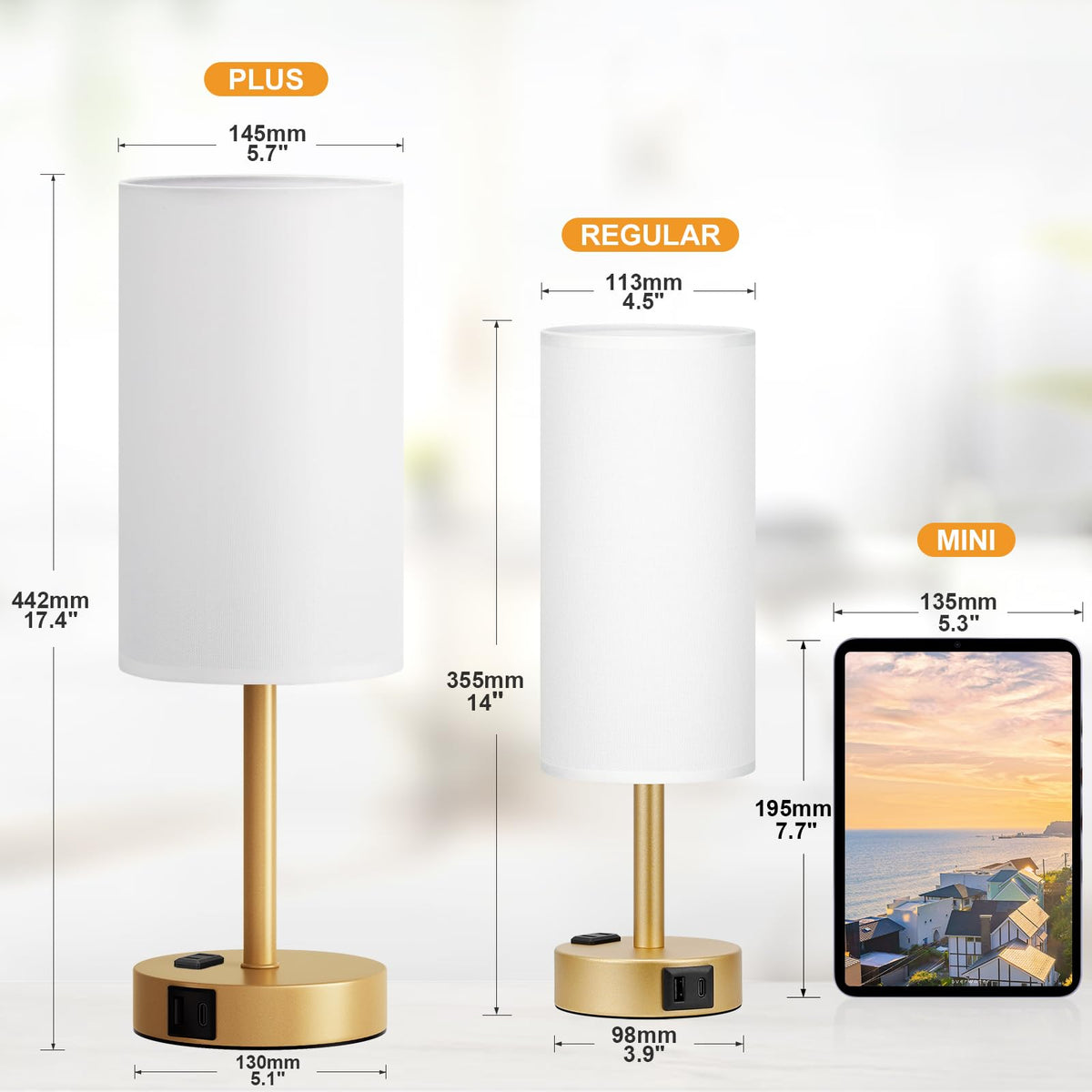 Fenmzee Bedside Table Lamp Set of 2 - Dimmable Touch, USB A+C, AC Outlet
