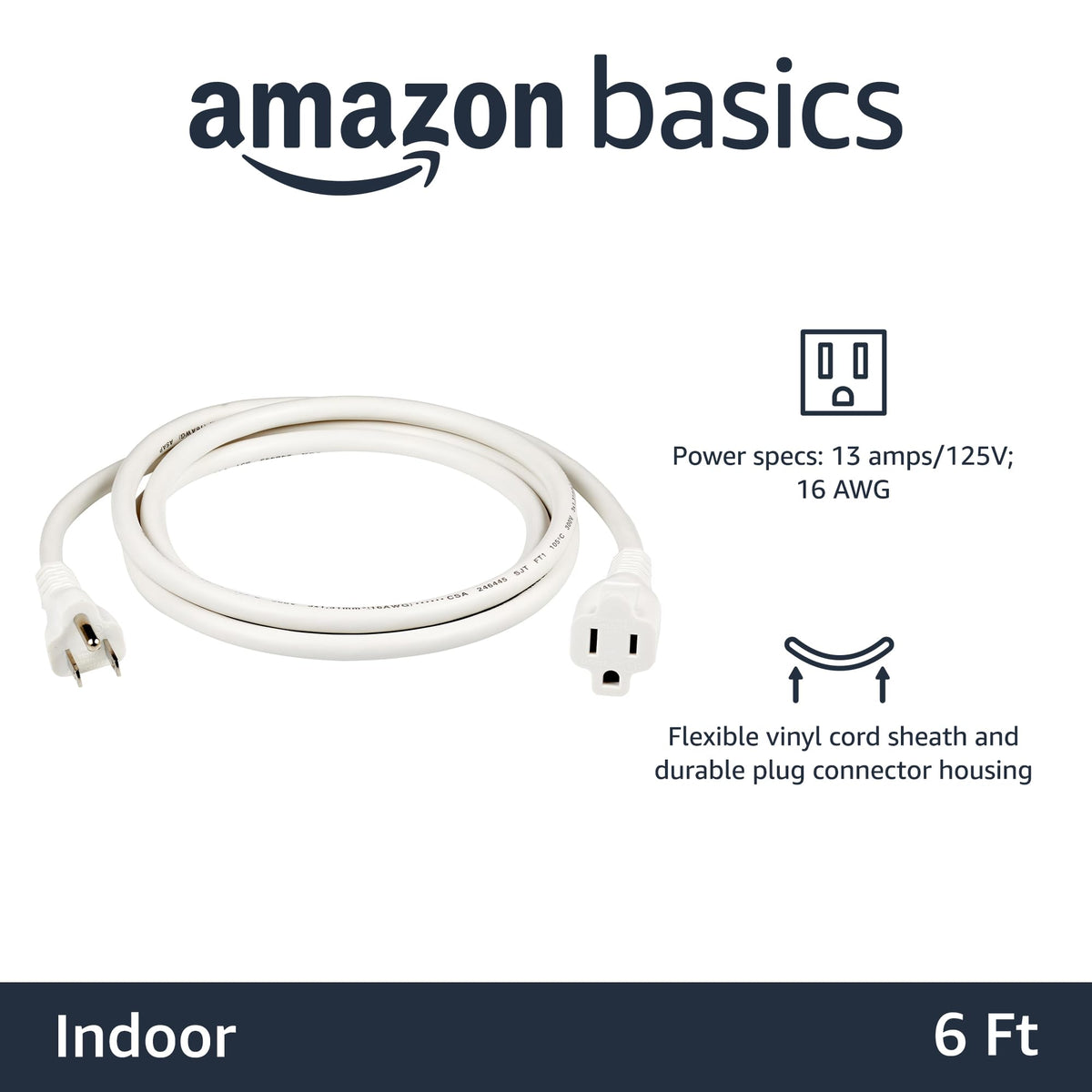 Amazon Basics Extension Cord, 3 Prong Outlet Extender, Indoor Power Cord, 13 Amps, 125V, 6 Ft, Black