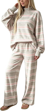 Striped Lounge Wear Sets for Women UK 2 Piece Outfits Loungewear Travel Matching Pyjamas Sets Mock Neck Oversized Knitted Jumper Long Sleeve Top and Wide Leg Pants Fall Winter
