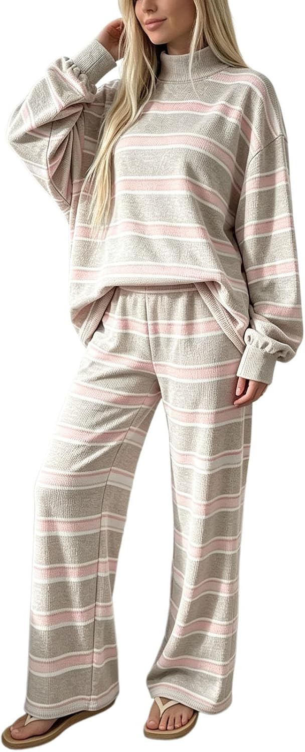 Striped Lounge Wear Sets for Women UK 2 Piece Outfits Loungewear Travel Matching Pyjamas Sets Mock Neck Oversized Knitted Jumper Long Sleeve Top and Wide Leg Pants Fall Winter