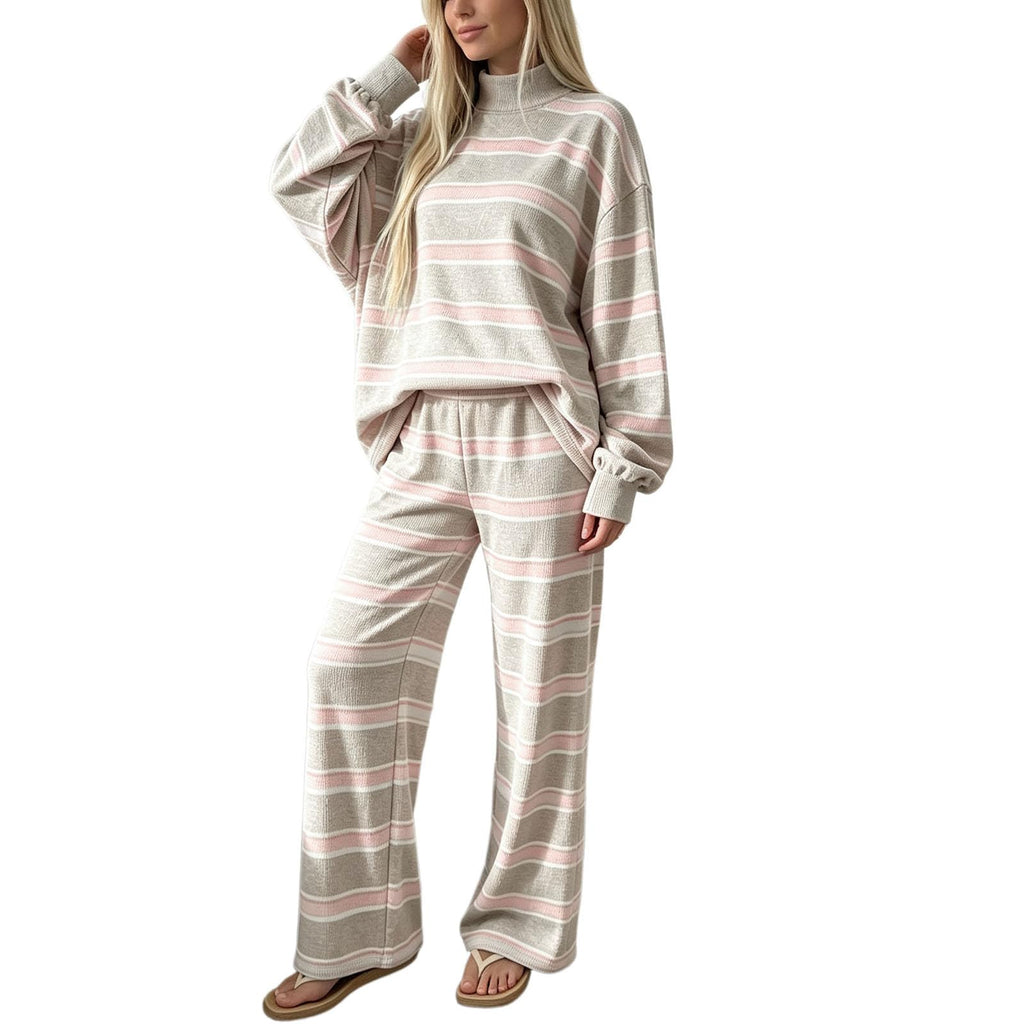 Striped Lounge Wear Sets for Women UK 2 Piece Outfits Loungewear Travel Matching Pyjamas Sets Mock Neck Oversized Knitted Jumper Long Sleeve Top and Wide Leg Pants Fall Winter