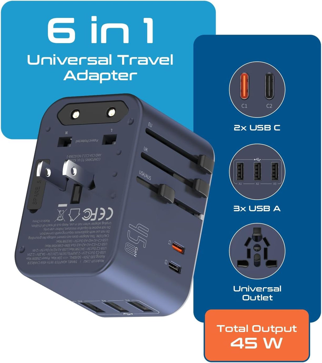 Ceptics 45W Universal Travel Adapter w/ 3 USB-A, 2 USB-C & Universal Input