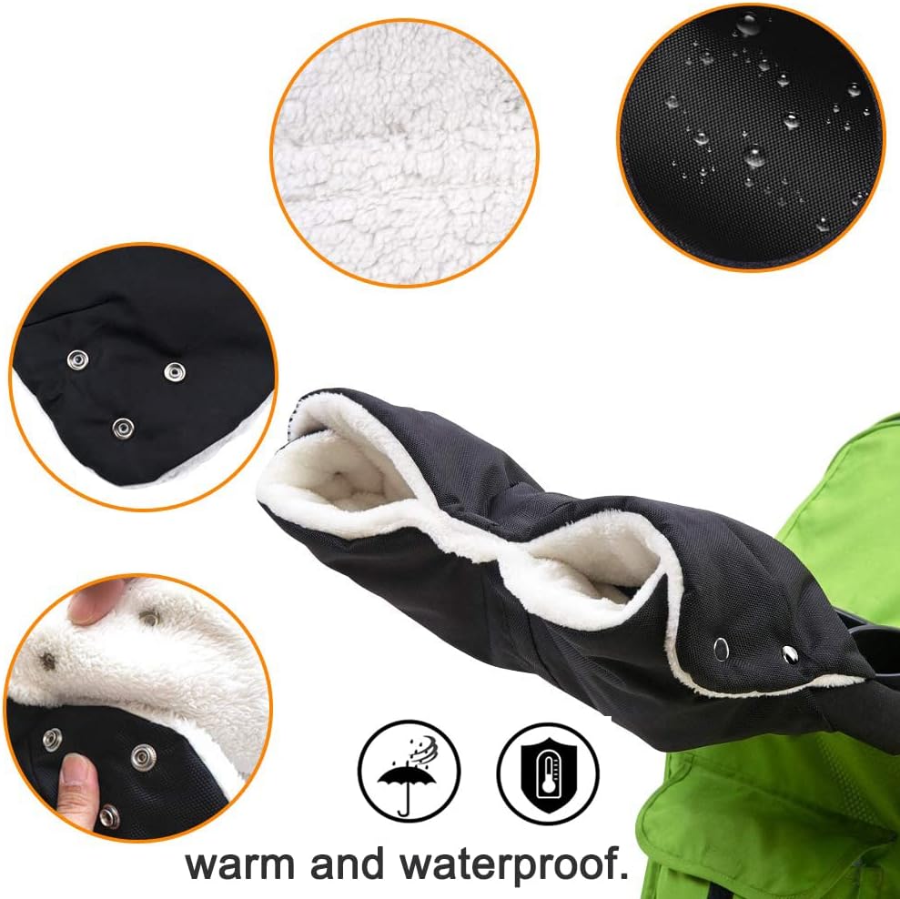 Stroller Fleece Hand Muff,DIAOPROTECT Pram Pushchair Gloves Hand Gloves Waterproof Windproof Breathable Anti-Freeze Extra Thick Warm Winter Baby Stroller Gloves(Black)