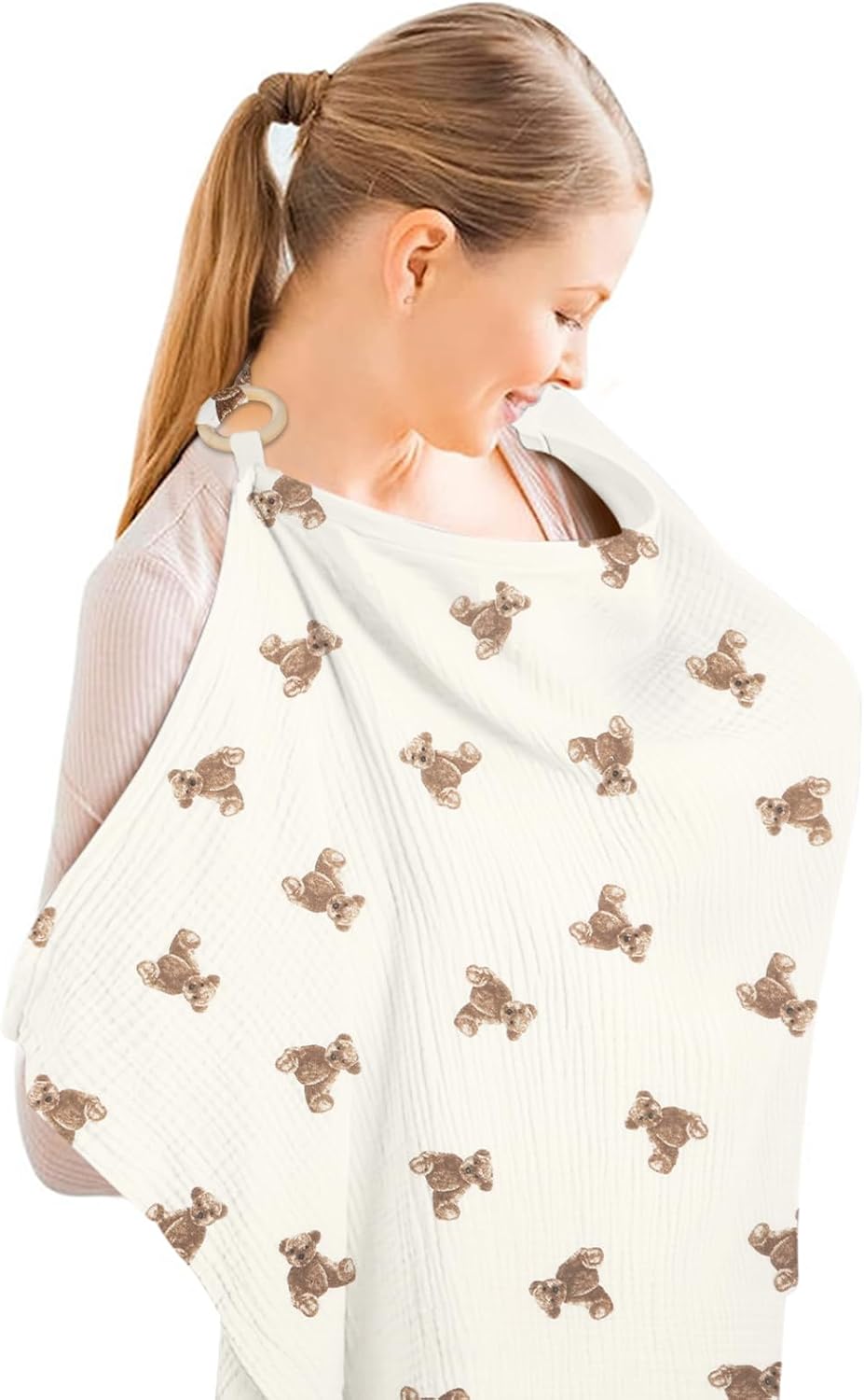 Aolso Breastfeeding Cover Nursing Cover, Muslin Cotton Soft Breathable Nursing Cover, Adjustable Strap Breast Feeding Coverall for Car Seat Blanket and Stroller Coverall (White-Bear)