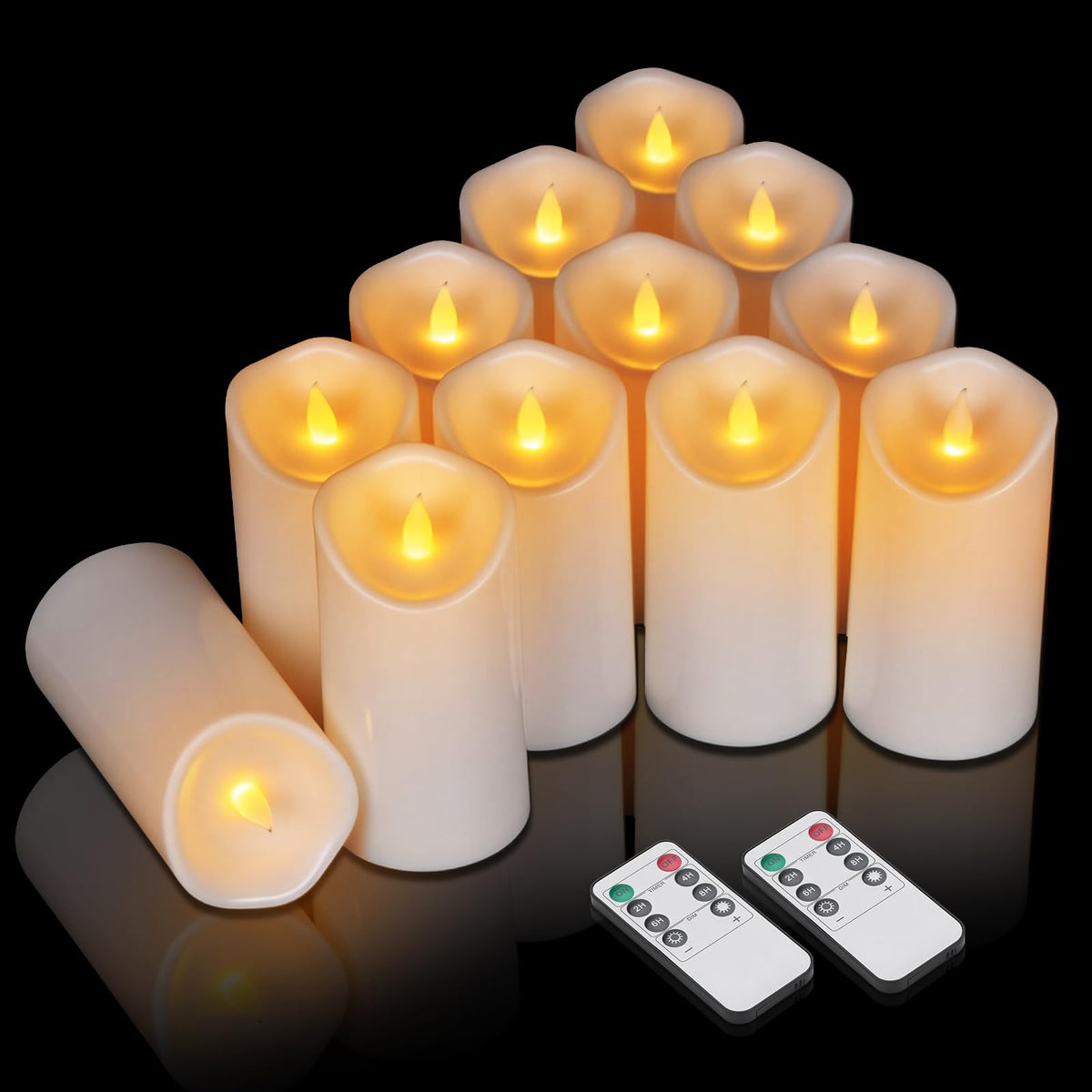 Outdoor Flameless Candles, Patented 3D Dual-LED, Set of 2 Slanted Plastic Pillars with Remote, Waterproof Non-Melting Battery Operated Decor for Bathroom Bedroom Gift, Black (D3 x H6)