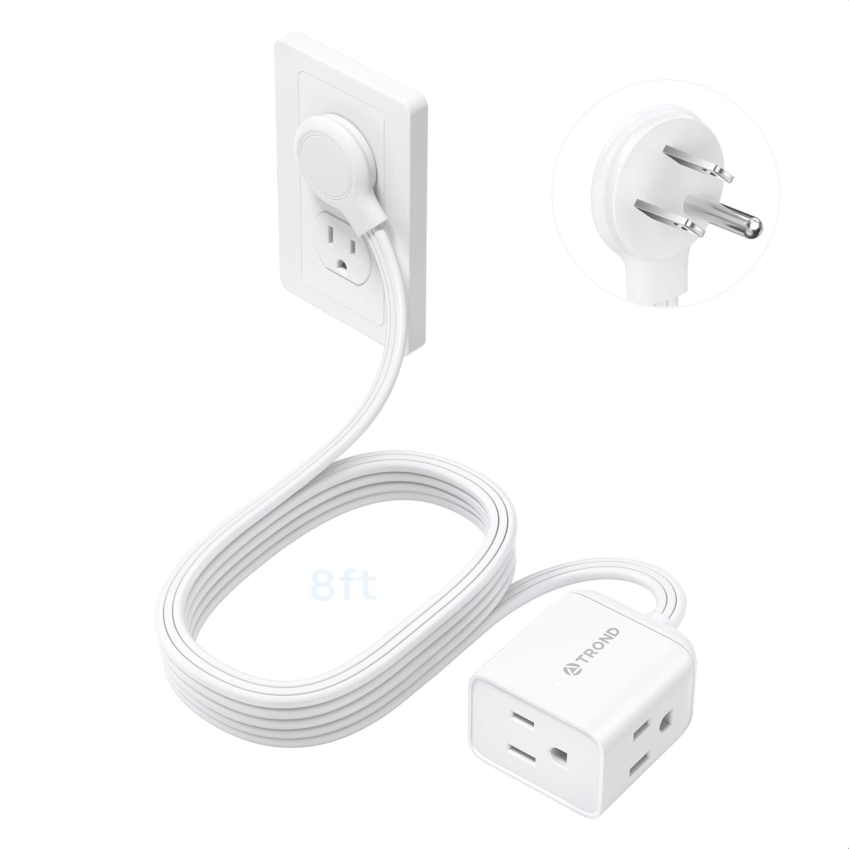 TROND Rightward Flat Plug Extension Cord 6ft for Small Tight Spaces, White