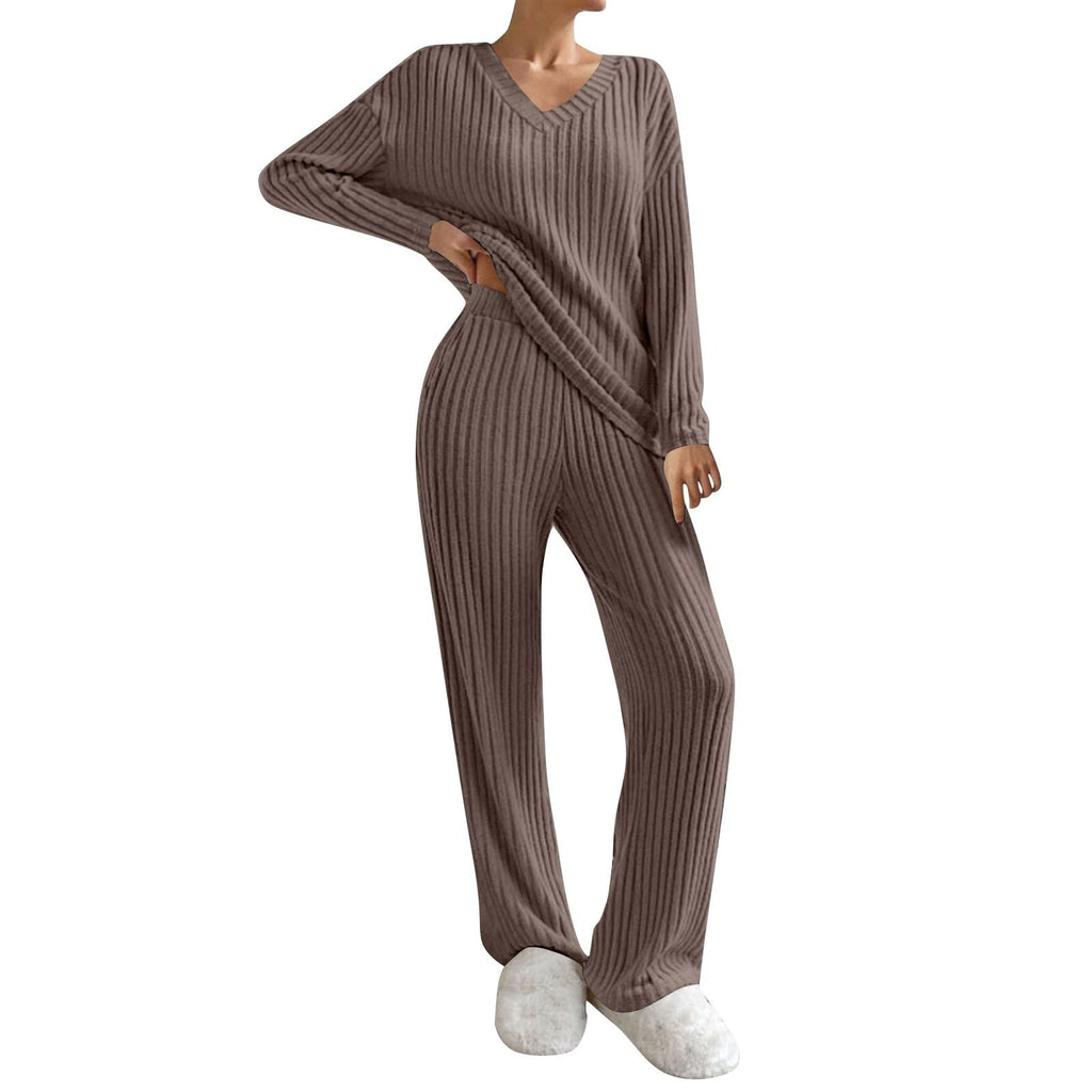 Lounge Wear Sets For Women Uk, Womens Pyjamas Set Long, Ladies Ribbed Loungewear Knit Outfits Womens Tracksuits 2 Piece Set V Neck Casual Casual Homewear