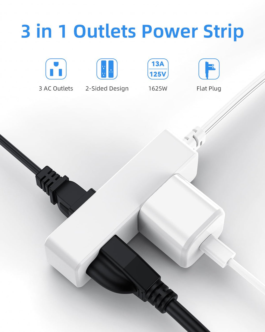 Flat Plug Extension Cord with 3 Outlets - 1Ft Low Profile Indoor 3 Prong Grounded Power Strip for Home Office & Travel - 16 AWG 13A/1625W, Black