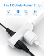 Flat Plug Extension Cord with 3 Outlets - 1Ft Low Profile Indoor 3 Prong Grounded Power Strip for Home Office & Travel - 16 AWG 13A/1625W, Black