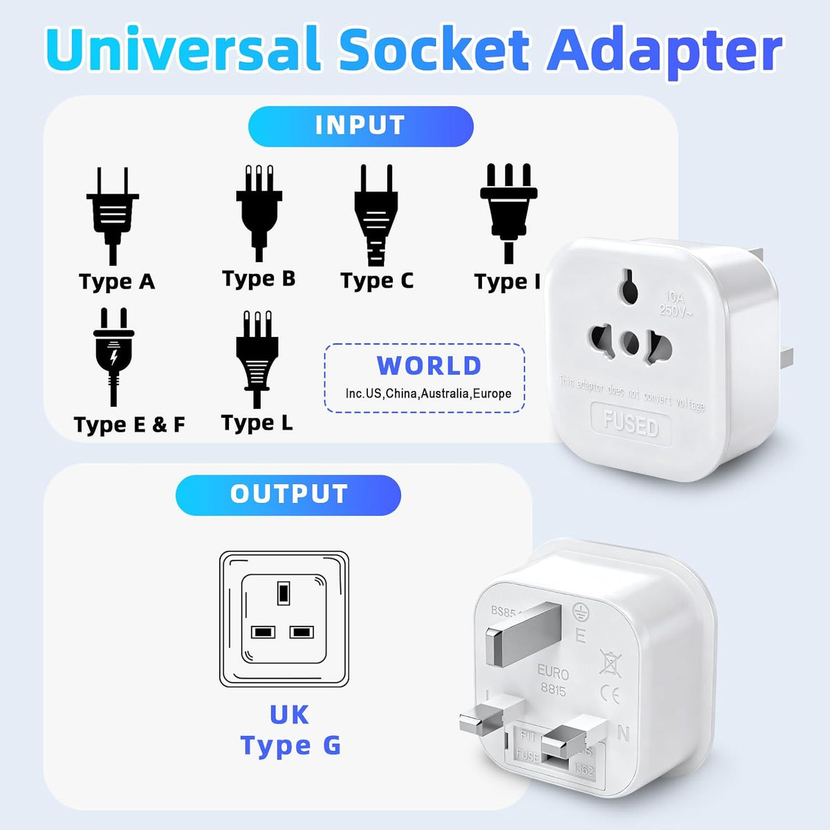 European to UK Plug Adapter US to UK Power Adaptor,US to UK Travel Adapter,13A 250V World Global Appliance Converter for the Visitor from USA, EU, Australia, Thailand, Canada, Japan,China.