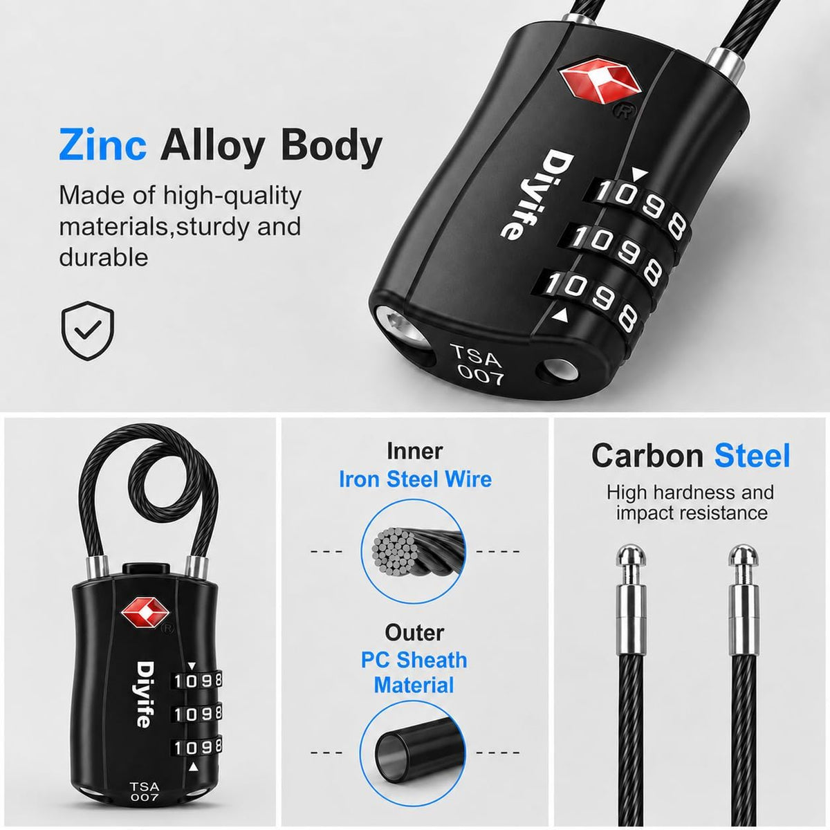 Diyife TSA Approved Luggage Locks with Flexible Steel Cable, Easy to Set up