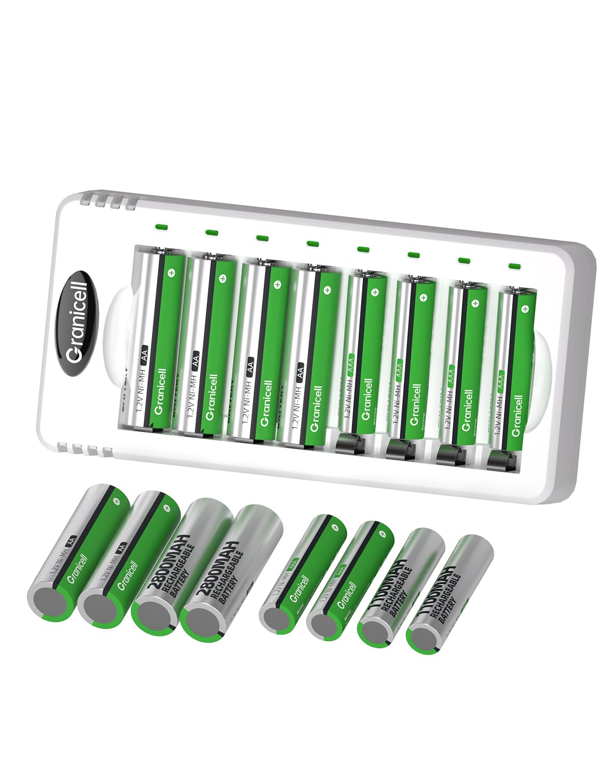 Granicell AA Rechargeable Batteries with Charger, 8 Slot Smart Battery Charger with 8 Pcs 2800mAh High Capacity NiMH AA Batteries, USB Smart Charging