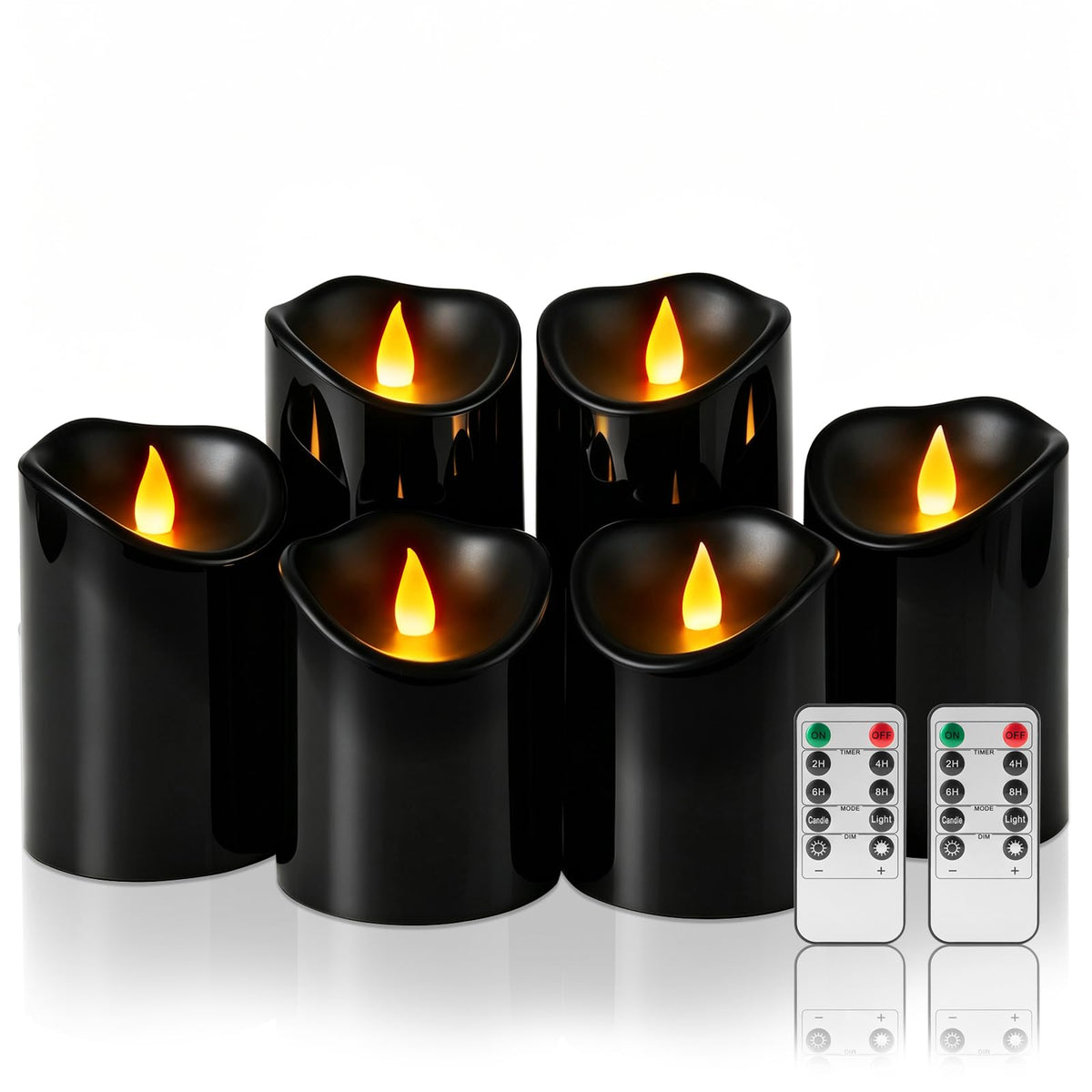 Outdoor Flameless Candles, Patented 3D Dual-LED, Set of 2 Slanted Plastic Pillars with Remote, Waterproof Non-Melting Battery Operated Decor for Bathroom Bedroom Gift, Black (D3 x H6)