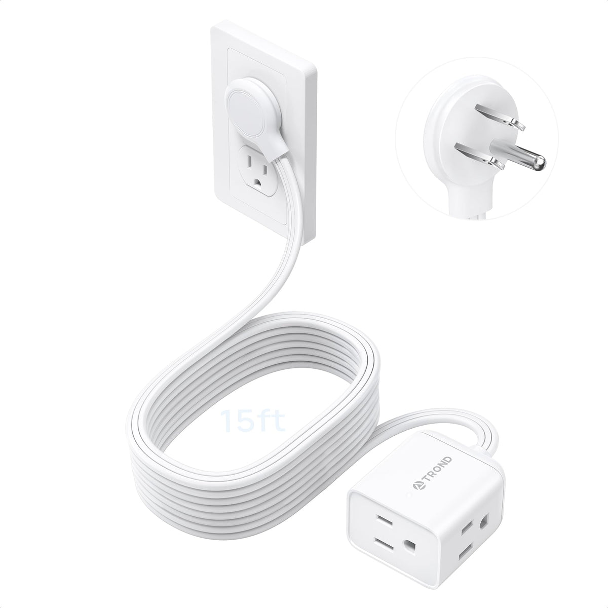 TROND Rightward Flat Plug Extension Cord 6ft for Small Tight Spaces, White