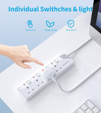 PIBEEX Extension Lead 2 Way Plug Sockets with Individual Switches Wall Mountable Power Strip 3M Extension Cable 13A Fused UK Plug 3250W