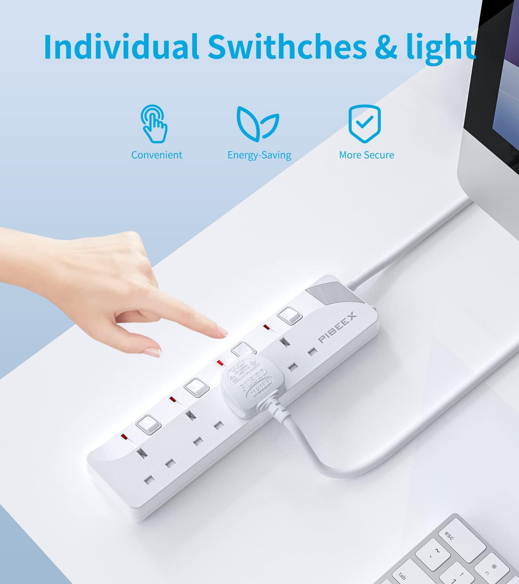 PIBEEX Extension Lead 2 Way Plug Sockets with Individual Switches Wall Mountable Power Strip 3M Extension Cable 13A Fused UK Plug 3250W