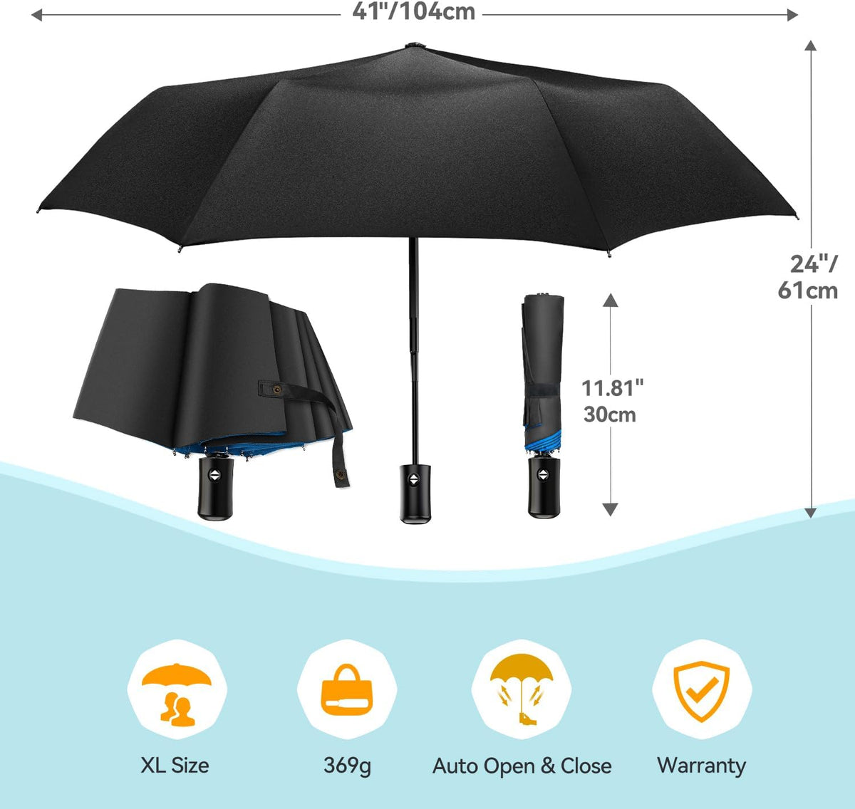 TechRise Umbrella, Compact Strong Windproof Automatic Umbrellas, Folding Lightweight, Portable Travel Golf Umbrella for Rain