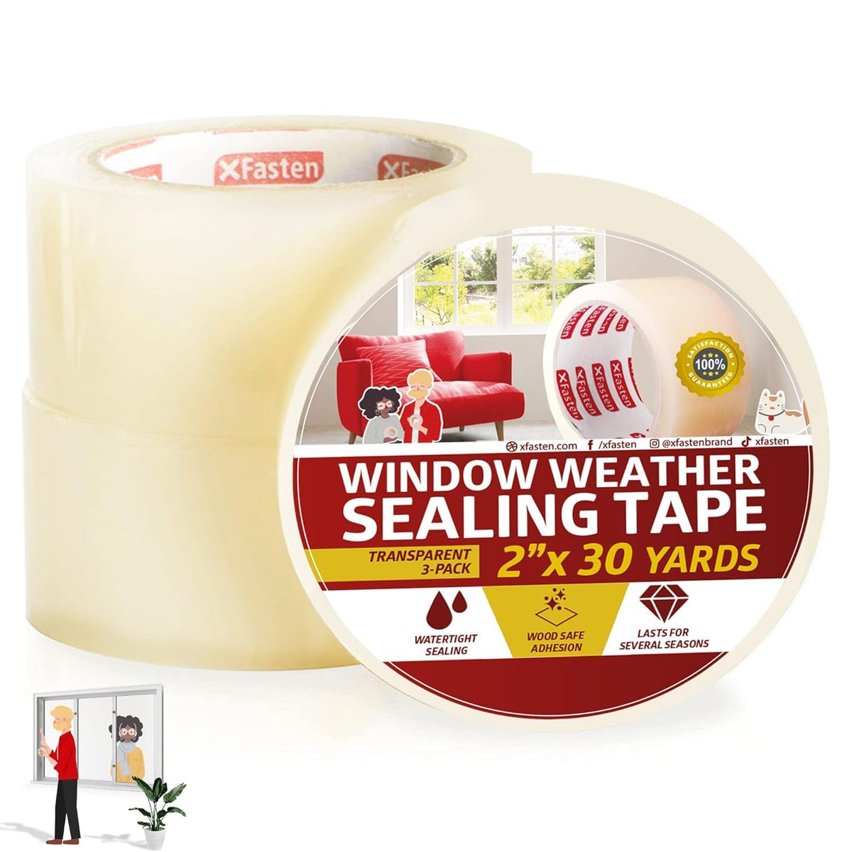 XFasten Transparent Window Weather Sealing Tape, 2-Inch x 30 Yards (50.8mm x 27.43m), Clear Window Draft Isolation Sealing Film Tape, No Residue