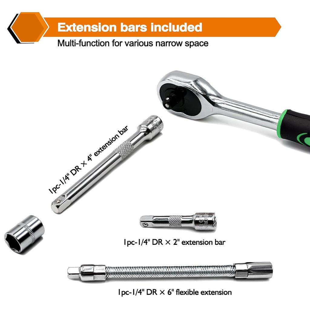 Egofine 46 Pieces 1/4 inch Drive Socket Ratchet Wrench Set, with Bit Socket Set Metric and Extension Bar for Auto Repairing and Household, with Storage Case