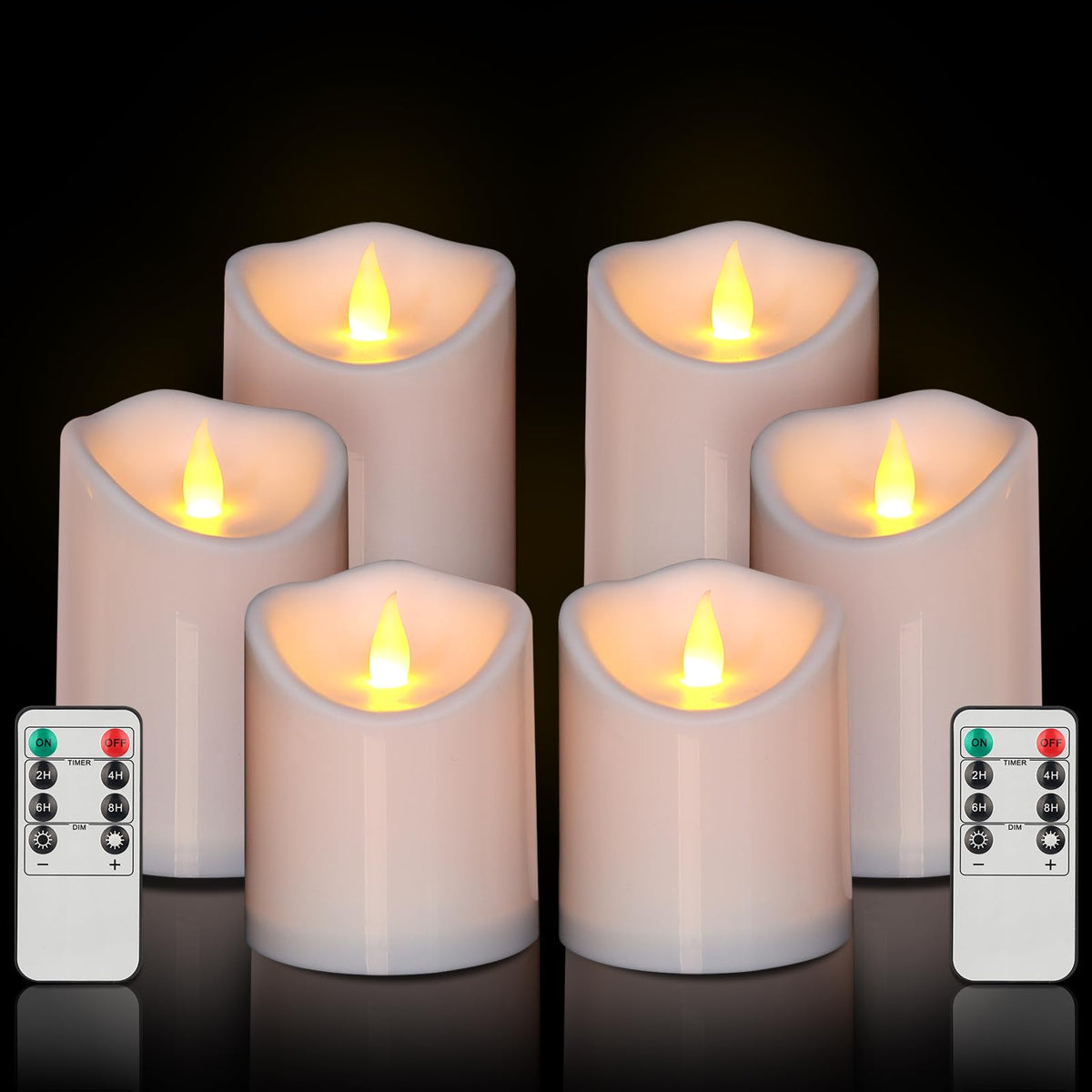 Outdoor Flameless Candles, Patented 3D Dual-LED, Set of 2 Slanted Plastic Pillars with Remote, Waterproof Non-Melting Battery Operated Decor for Bathroom Bedroom Gift, Black (D3 x H6)
