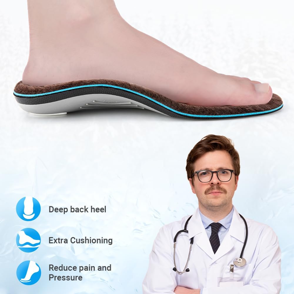 VALSOLE Thick Warm Wool Insoles for Men Women,Orthotic Insole,Arch SupportFor Insole,Plantar FasciitisInsole,for OverPronation,Flat Feet,Metatarsalgia,Heel Pain,Fleece Thermal Insoles(4-23cm,Brown)