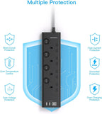 Black Extension Lead with 4 USB Slots(2 USB C), 4 Way Plug Extension Socket