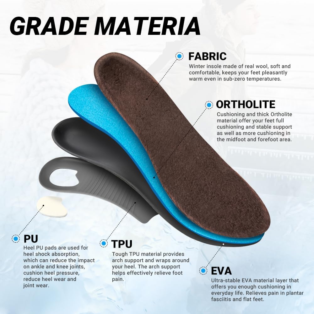 VALSOLE Thick Warm Wool Insoles for Men Women,Orthotic Insole,Arch SupportFor Insole,Plantar FasciitisInsole,for OverPronation,Flat Feet,Metatarsalgia,Heel Pain,Fleece Thermal Insoles(4-23cm,Brown)