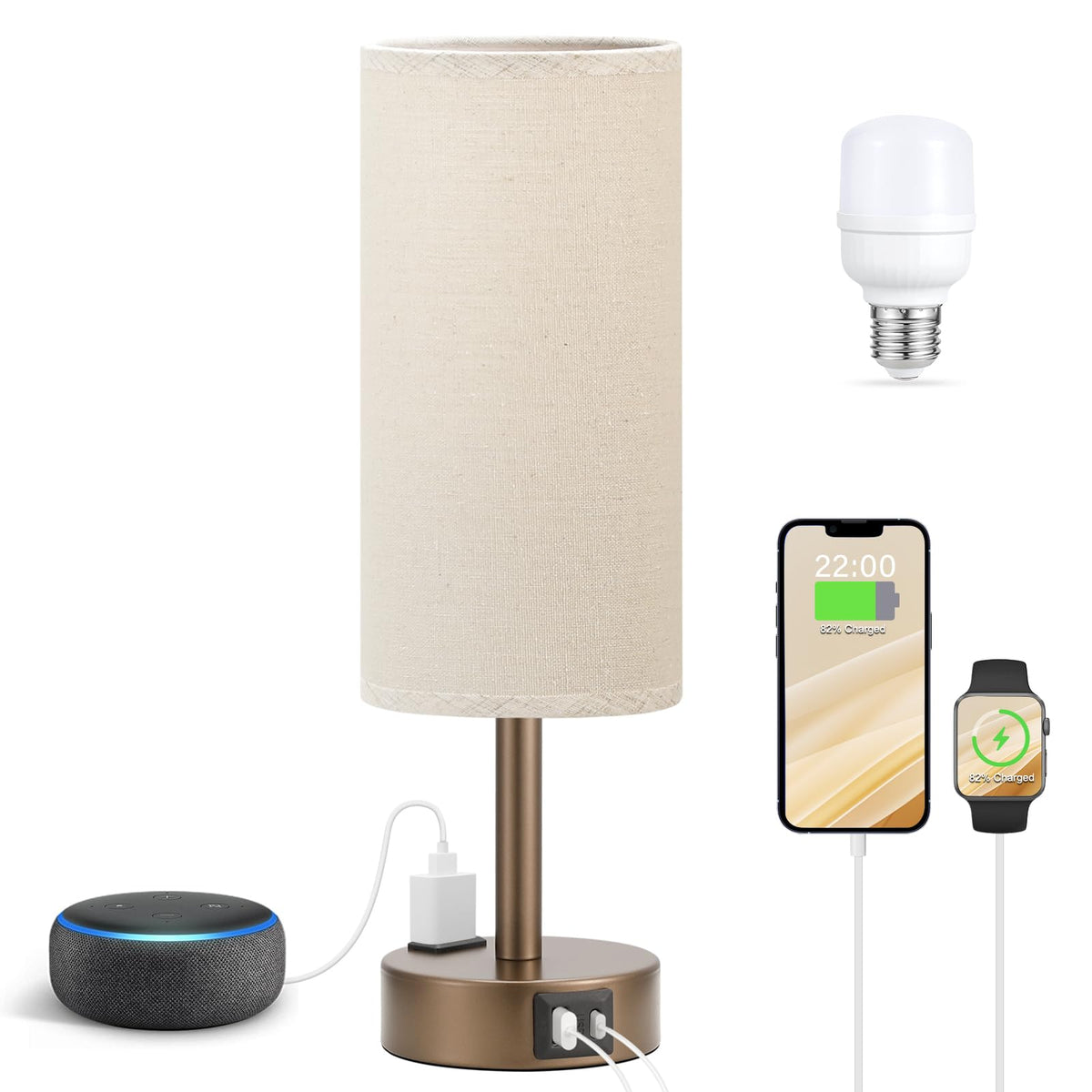 Fenmzee Bedside Table Lamp Set of 2 - Dimmable Touch, USB A+C, AC Outlet