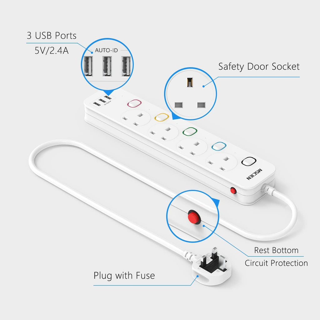 Mscien Extension Lead with USB Slots, 4 Way 3 USB Extension Socket with Individual Switches, Mountable Overload Protection Power Strips, 1.8 Meter Cable, 13A/3250W