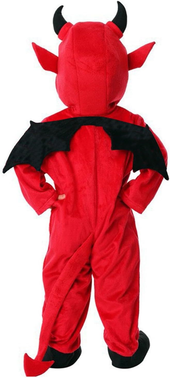 Toddler Halloween Devil Jumpsuits Flannel Front Zipper Hooded Devil Onesie Costume with Wing Fleece Warm Jumpsuit Kids Birthday Party Performance Outfit