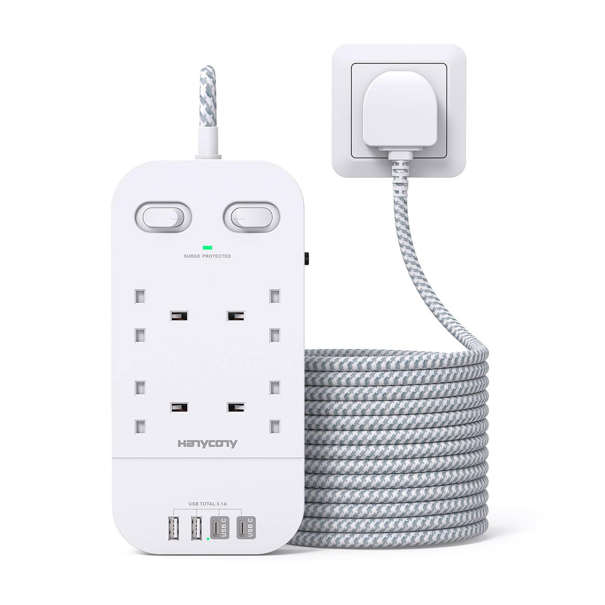 Extension Lead 5M, 4 Way Surge Protected Power Strip with USB C Slots