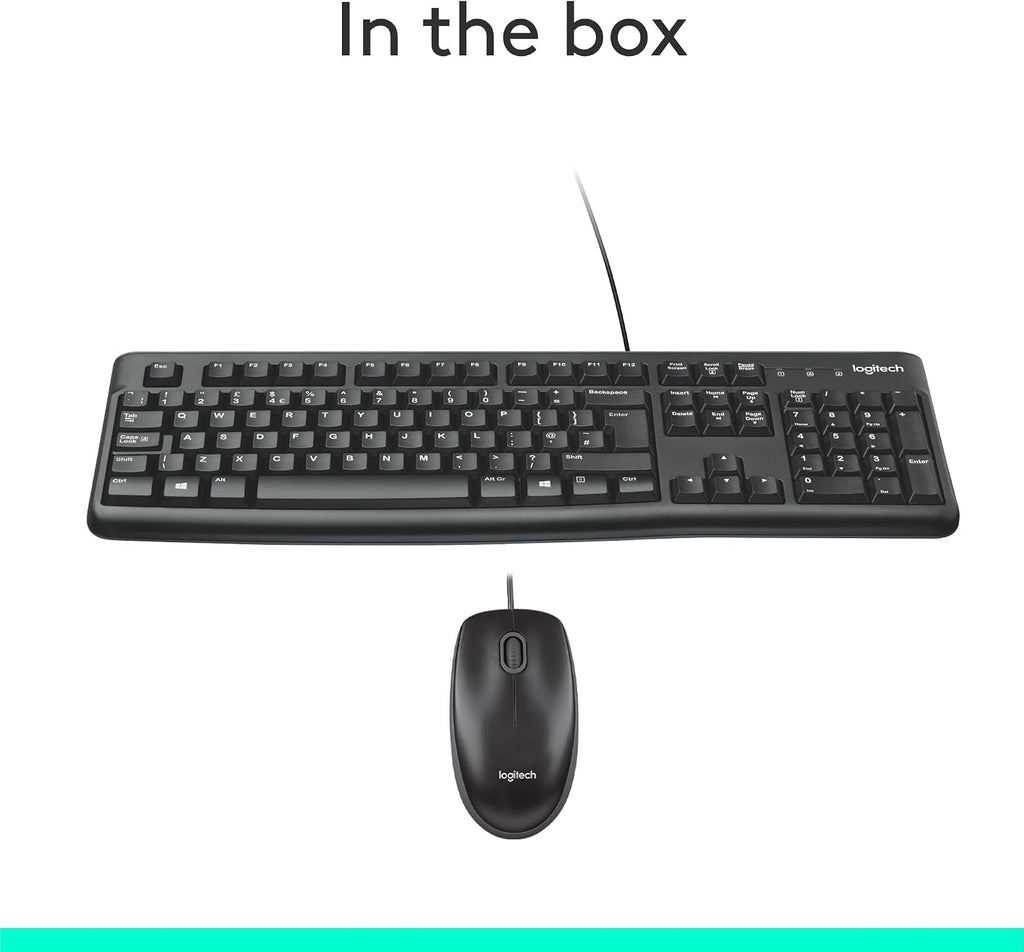 Logitech MK120 Wired Keyboard and Mouse Combo for Windows, Optical Wired Mouse, Full-Size Keyboard, USB Plug-and-Play, Compatible with PC, Laptop, QWERTY UK English Layout - Black