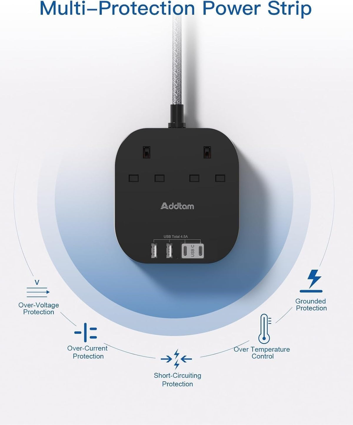 Extension Lead, Power Strips with 2 Way Outlets 4(4.5A, 2 Type C & 2 USB-A)